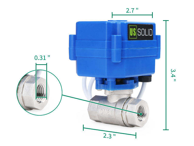 Motorized Ball Valve- 1/4" Stainless Steel Electrical Ball Valve with Full Port, 9-24 V AC/DC, 2 Wire Auto Return, Normally Open